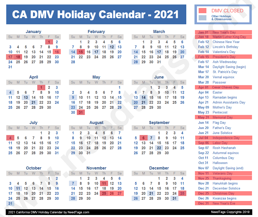2021 California DMV Holiday Calendar by NeedTags.com