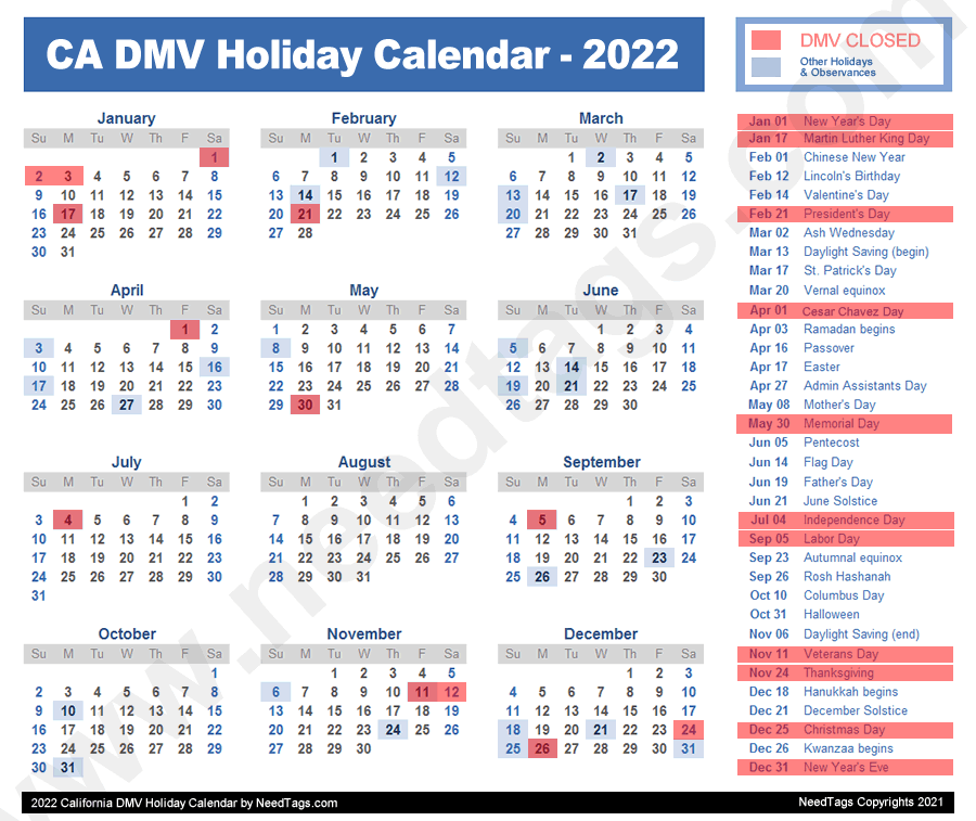 2022 California DMV Holiday Calendar by NeedTags.com