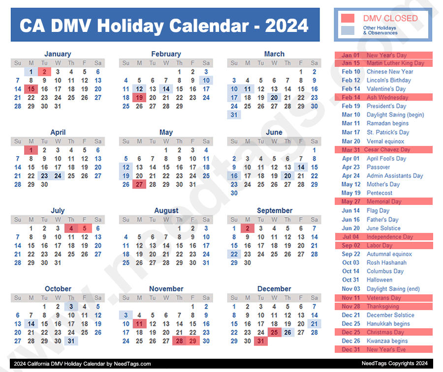 2024 California DMV Holiday Calendar by NeedTags.com